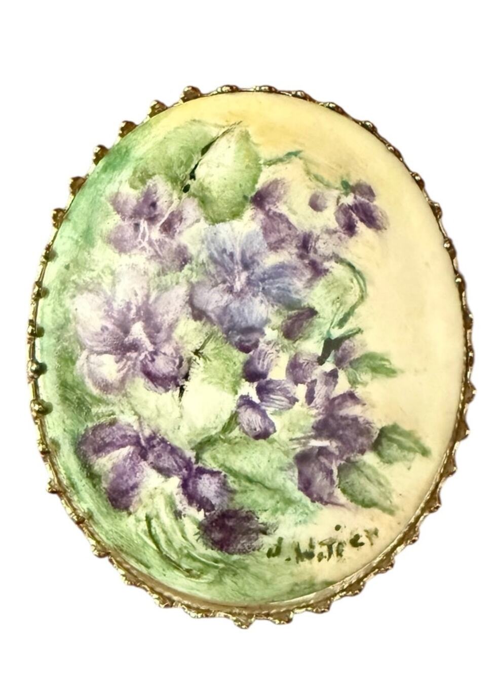 Vintage Hand Painted Violet Porcelain Brooch Signed Floral Gold Tone Oval Pin